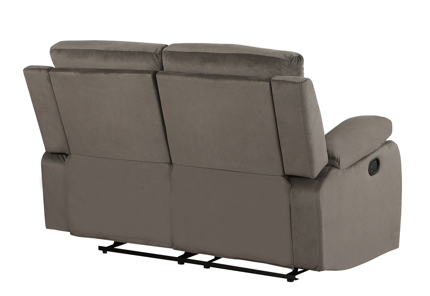 Brown velvet loveseat recliner viewed from the back with reclining mechanism visible