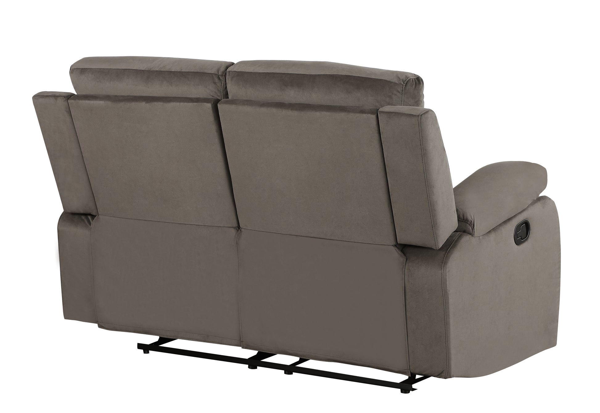 Brown velvet loveseat recliner viewed from the back with reclining mechanism visible