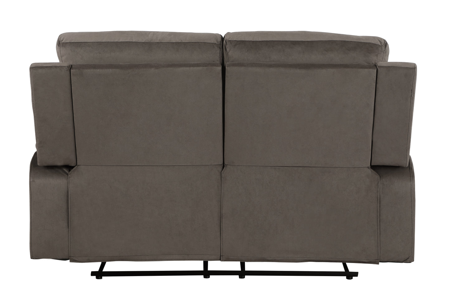 Rear view of a plush gray velvet recliner sofa