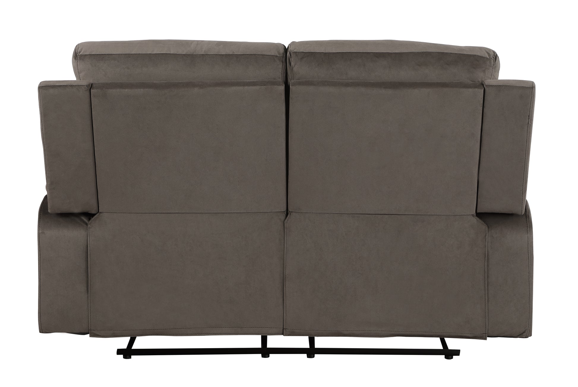 Rear view of a plush gray velvet recliner sofa