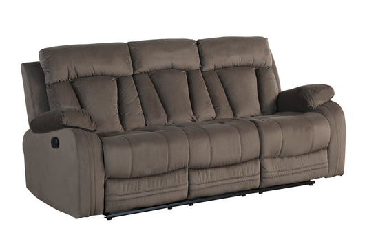 Brown fabric reclining sofa with three plush cushions and padded armrests
