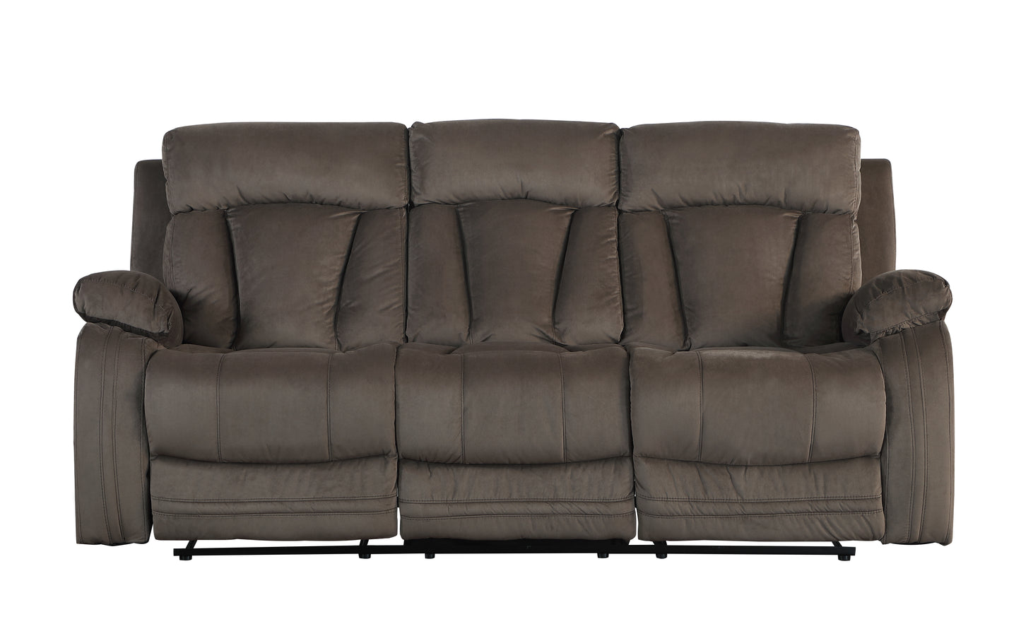 Brown leather threeseater reclining sofa with plush cushioning