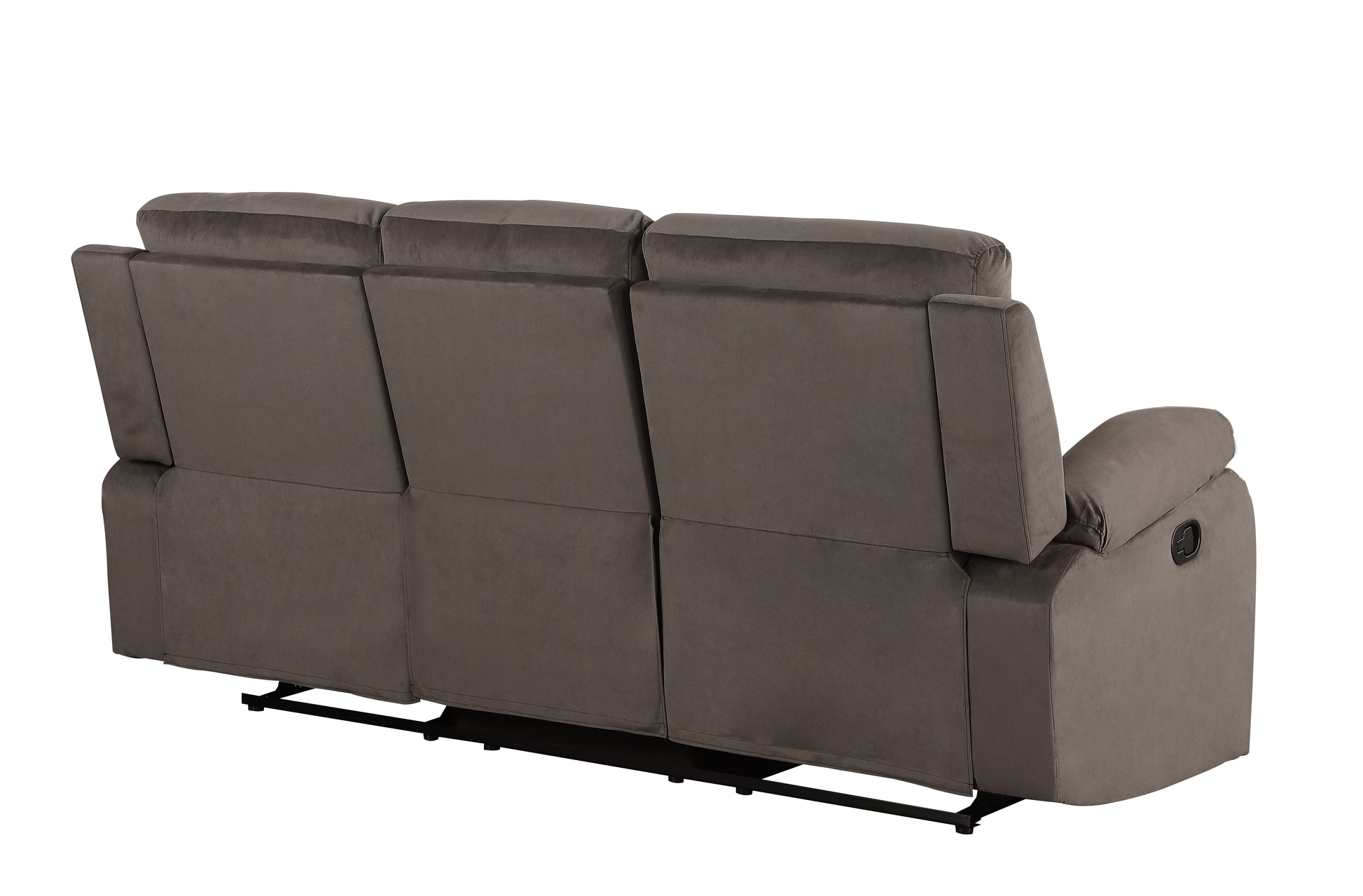 Taupe velvet threeseater recliner sofa with extended footrests