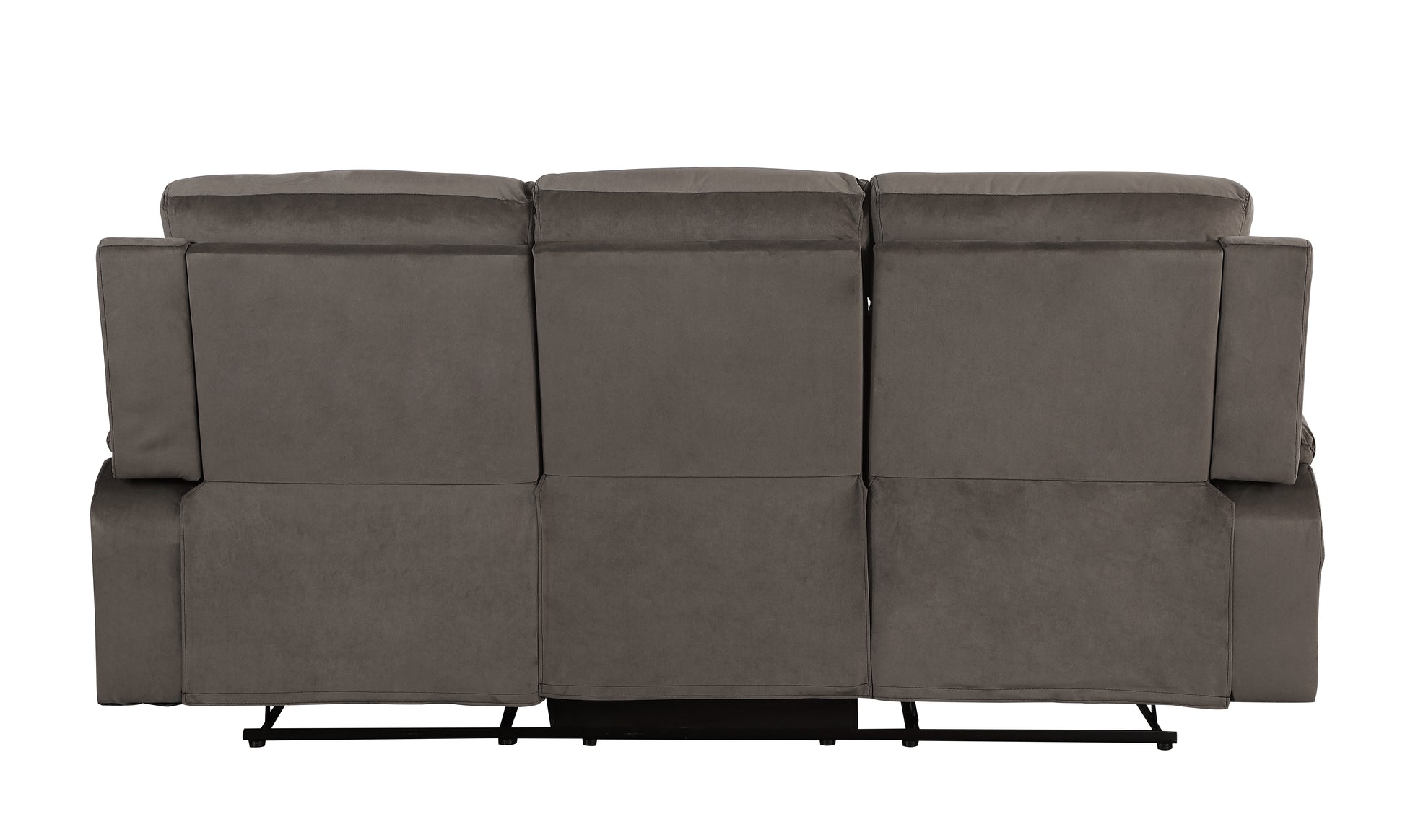 Back view of a plush gray velvet seater recliner sofa