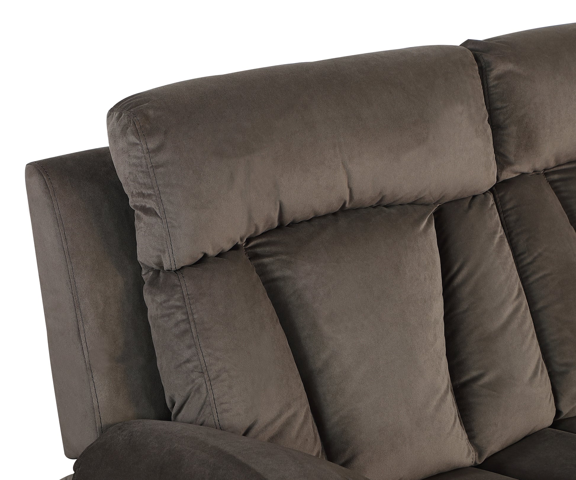 Closeup of plush brown microfiber recliner headrest and armrest