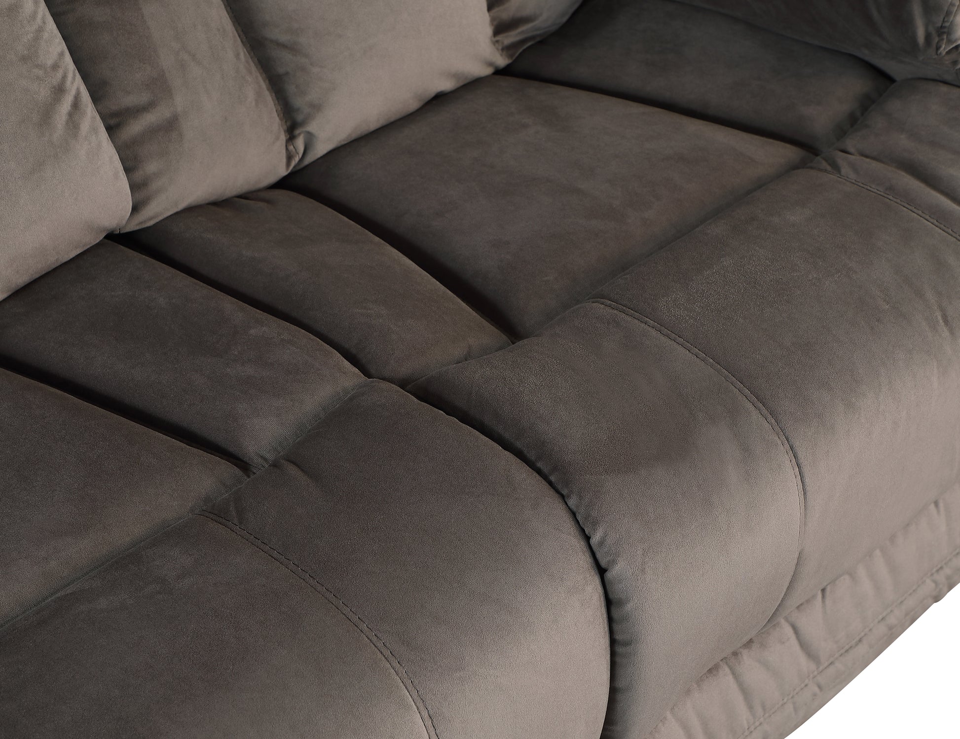 Plush grey velvet sofa cushion with deep channel tufting
