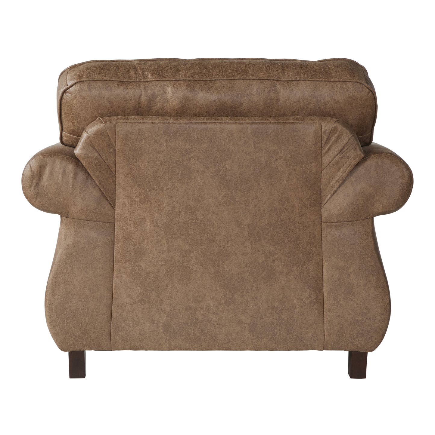 Tan faux leather armchair with plush cushioning and dark wood legs