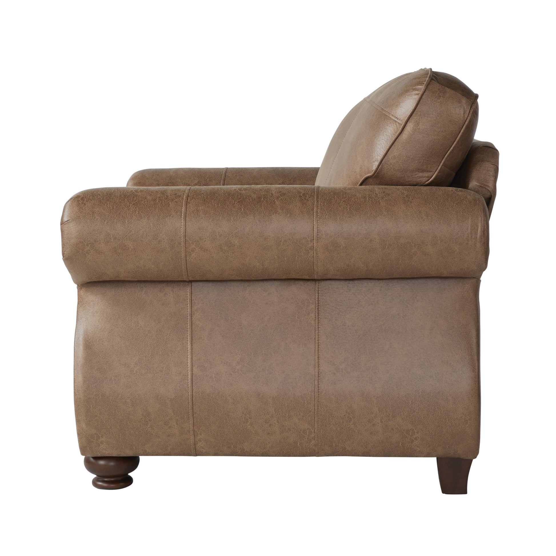 Brown faux leather armchair with button tufting and wooden bun feet