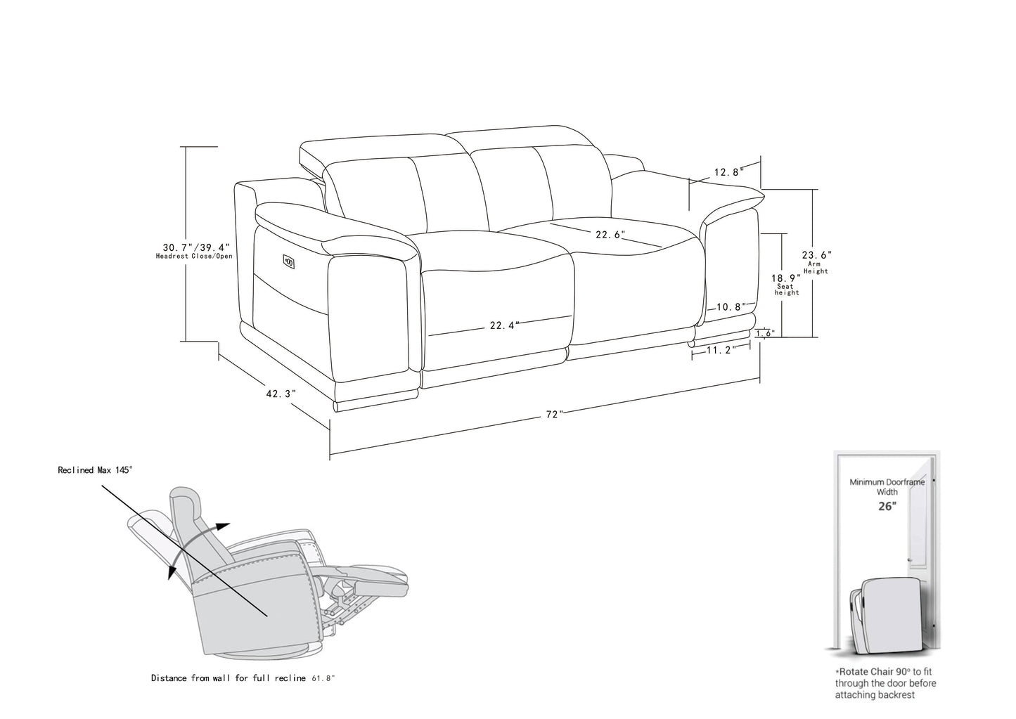 Line drawing of a twoseater recliner sofa with dimensions