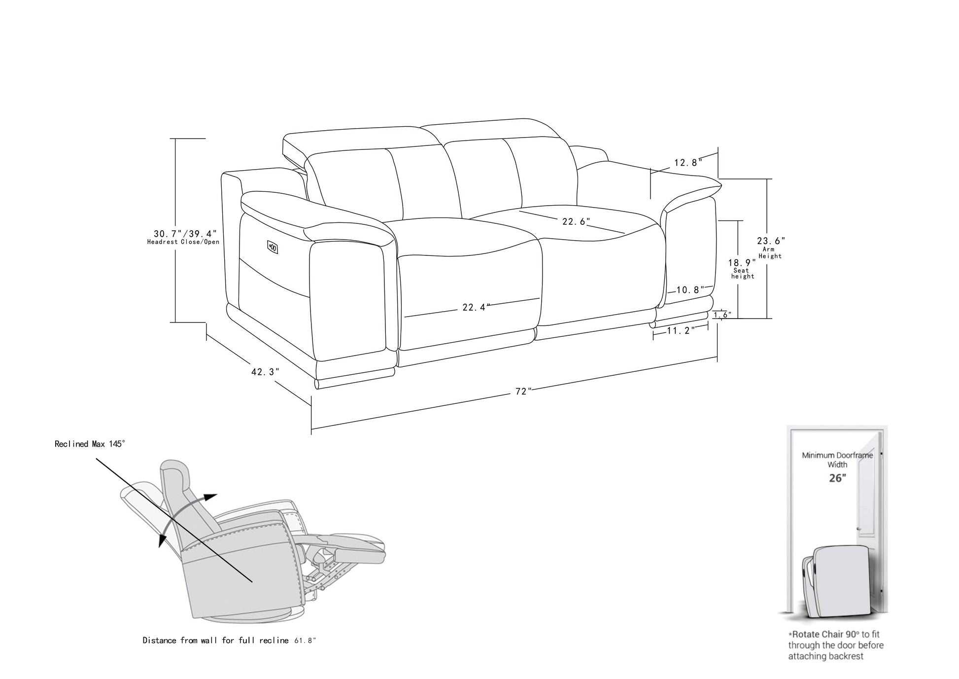 Line drawing of a twoseater recliner sofa with dimensions