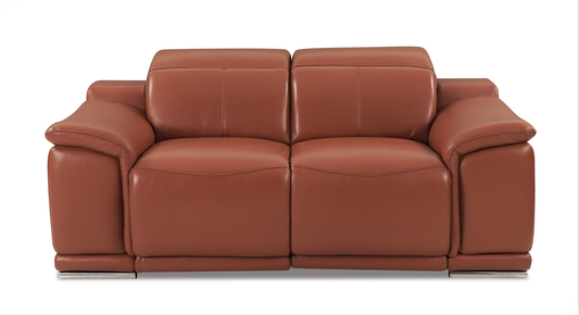 Brown leather dual reclining sofa with modern chrome legs