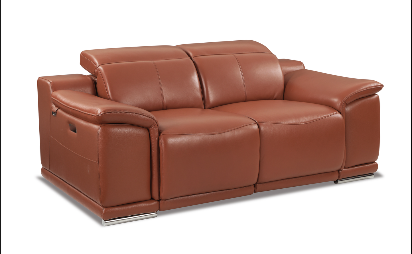 Brown leather recliner sofa with padded seats and adjustable headrests