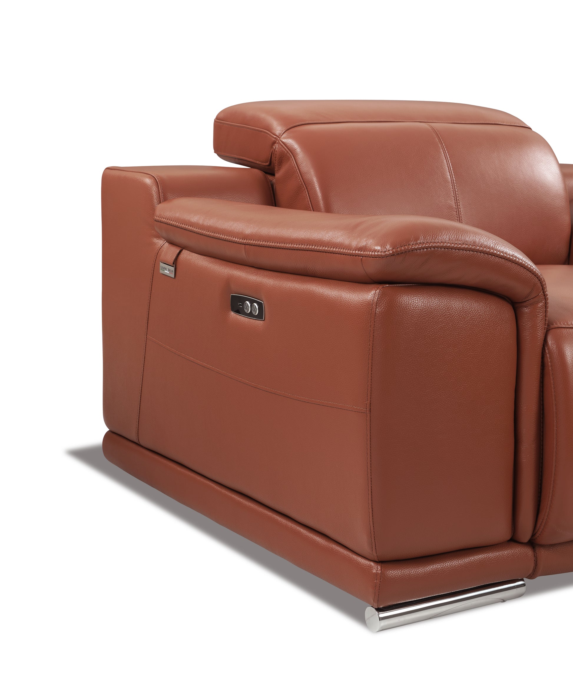 Brown leather recliner armchair with chrome legs and power controls