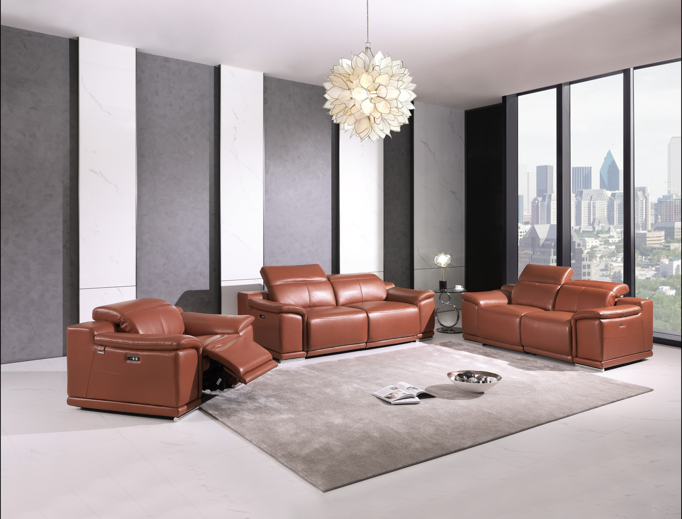 Brown leather reclining sofa with adjustable headrests