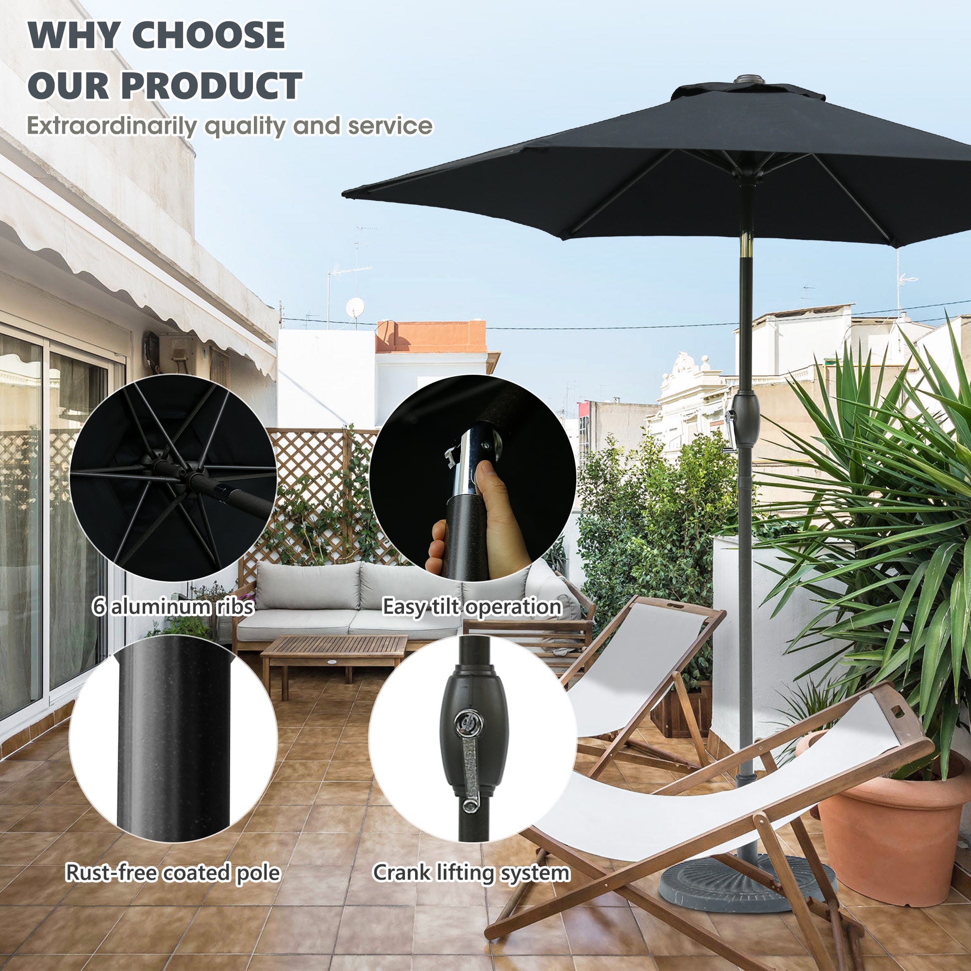 Black patio umbrella with  aluminum ribs and a crank lifting system for outdoor shade