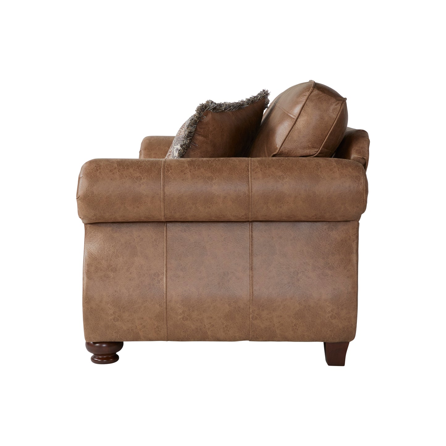 Brown faux leather armchair with tufted back and plush cushions for living room comfort