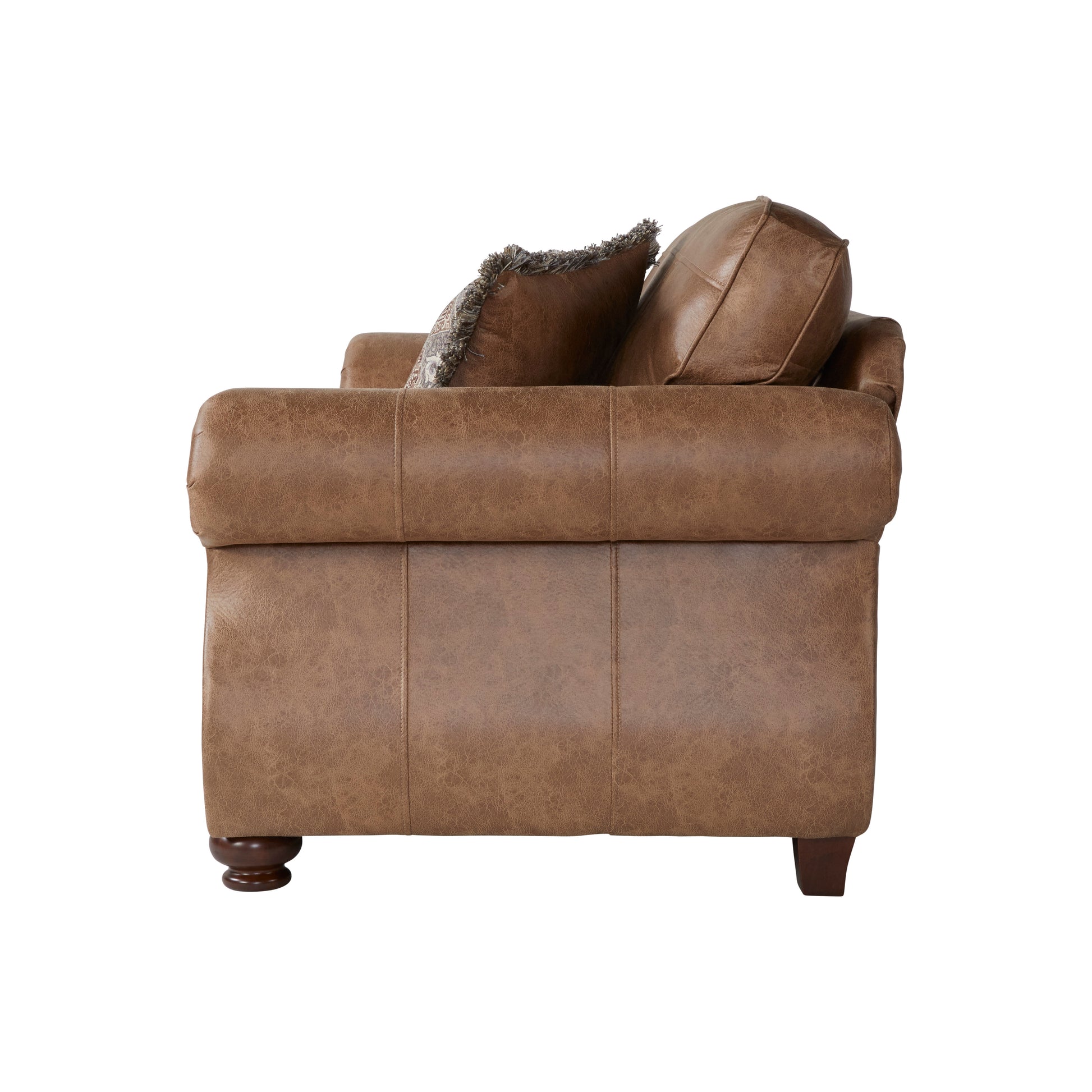 Brown faux leather armchair with tufted back and plush cushions for living room comfort