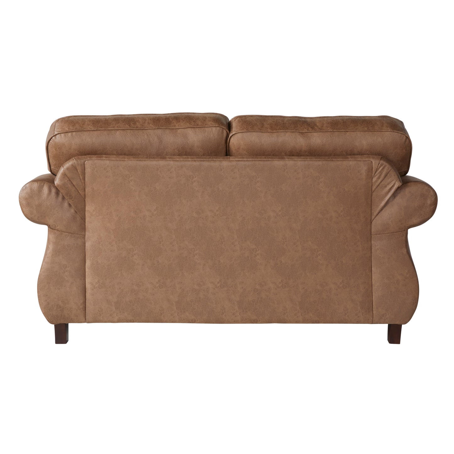 Brown leather sofa with plush back cushions and curved arms perfect for a living room