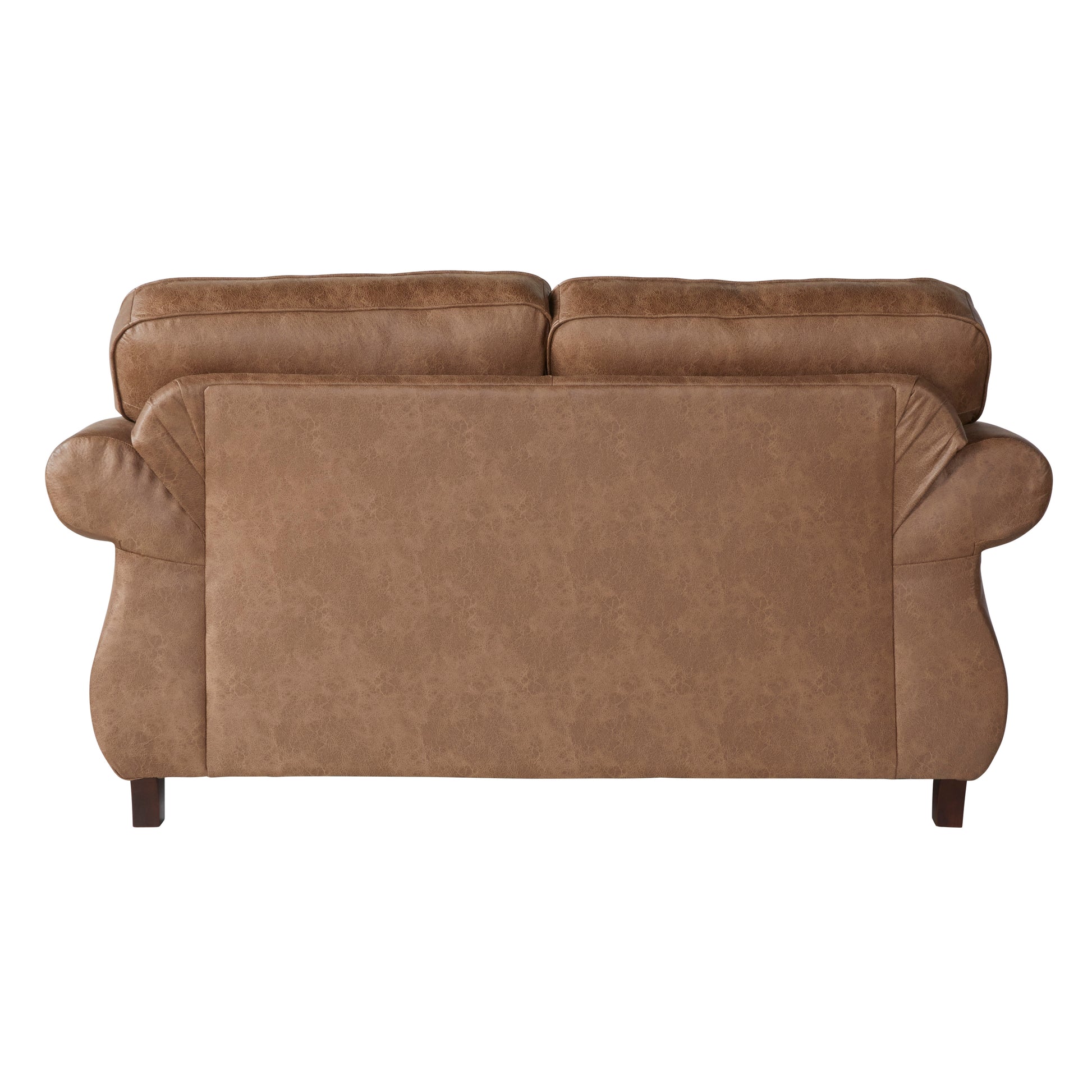 Brown leather sofa with plush back cushions and curved arms perfect for a living room