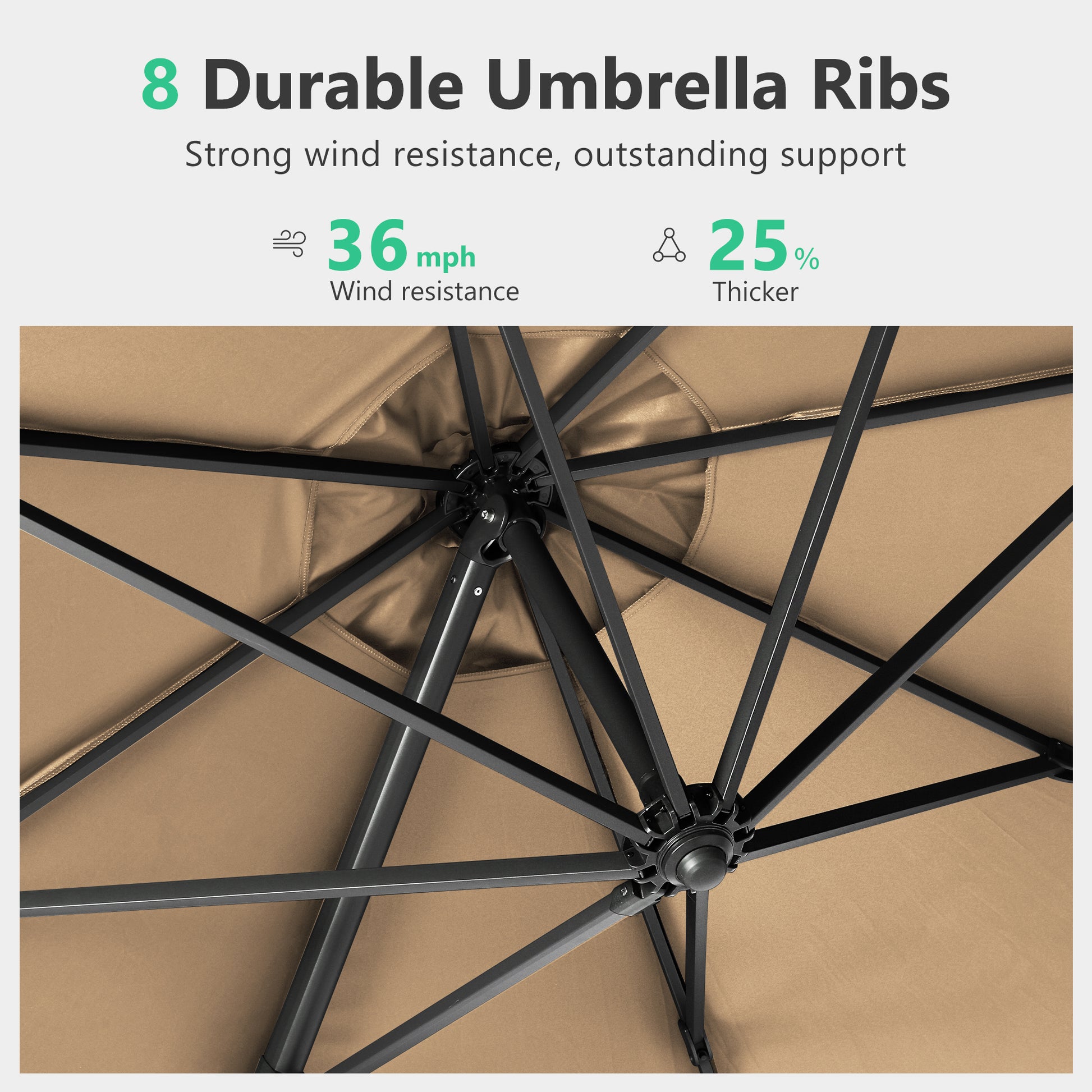 Brown patio umbrella with a robust frame of  durable umbrella ribs for wind resistance