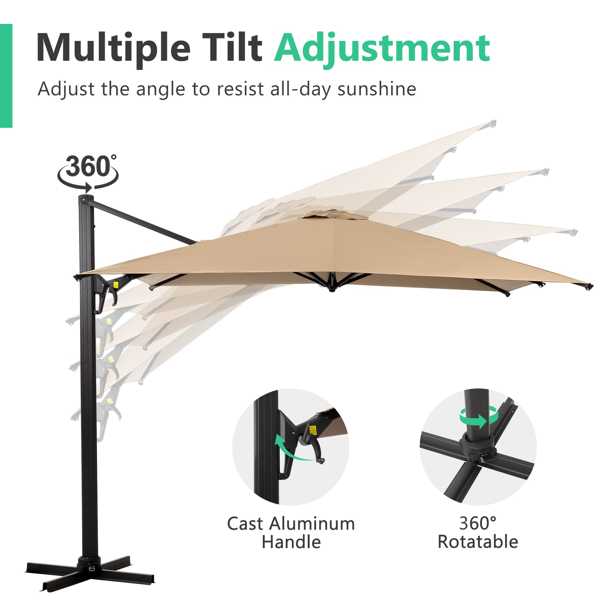 Tan cantilever patio umbrella with degree rotation and adjustable tilt
