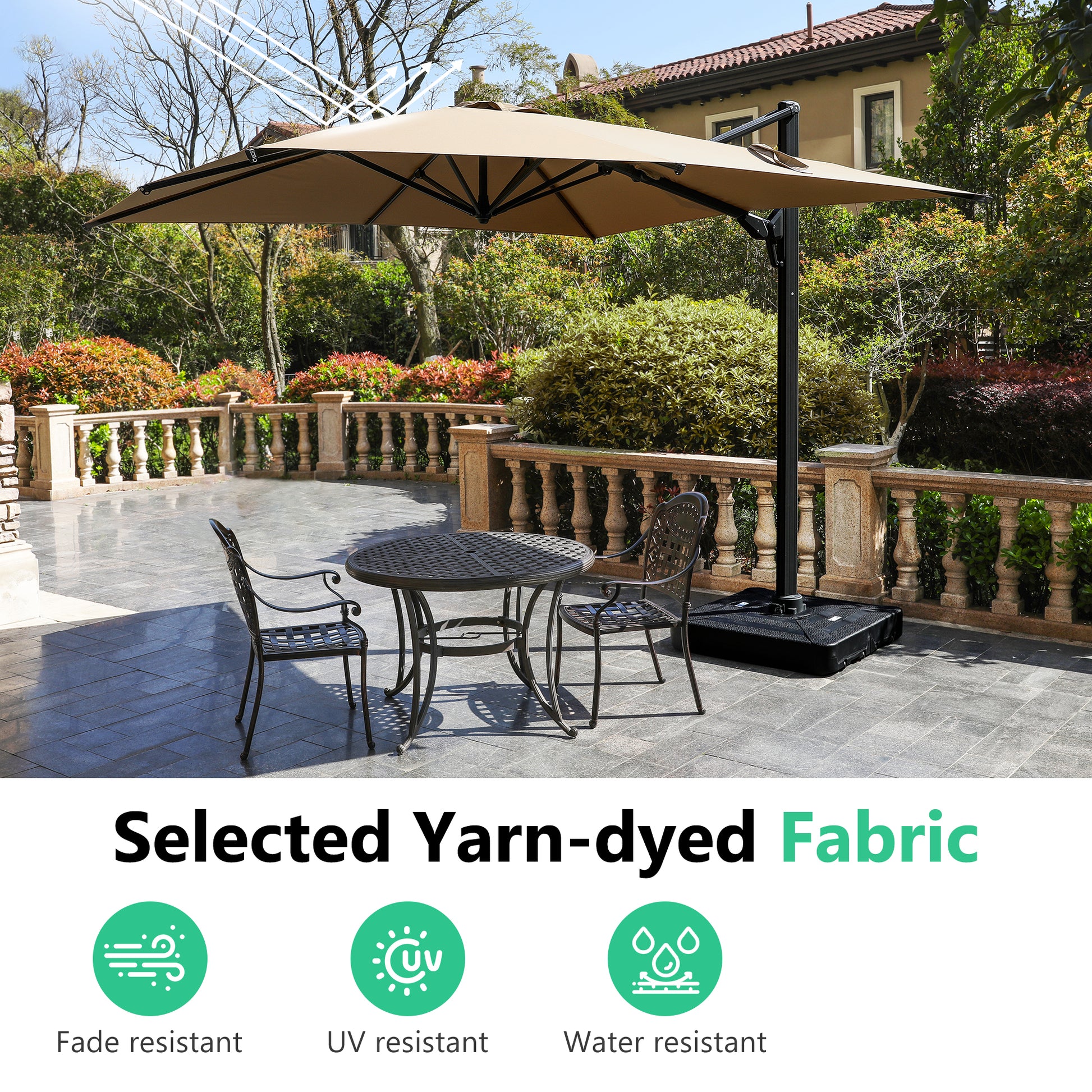 Large tan cantilever patio umbrella providing shade for outdoor seating area