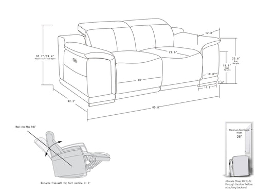 Technical drawing of a power recliner loveseat
