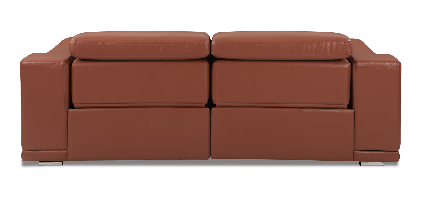 Brown leather loveseat with adjustable headrests and silver metal legs