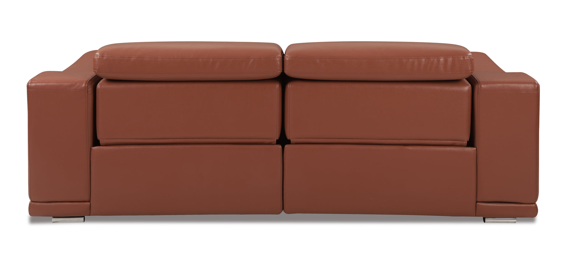 Brown leather loveseat with adjustable headrests and silver metal legs