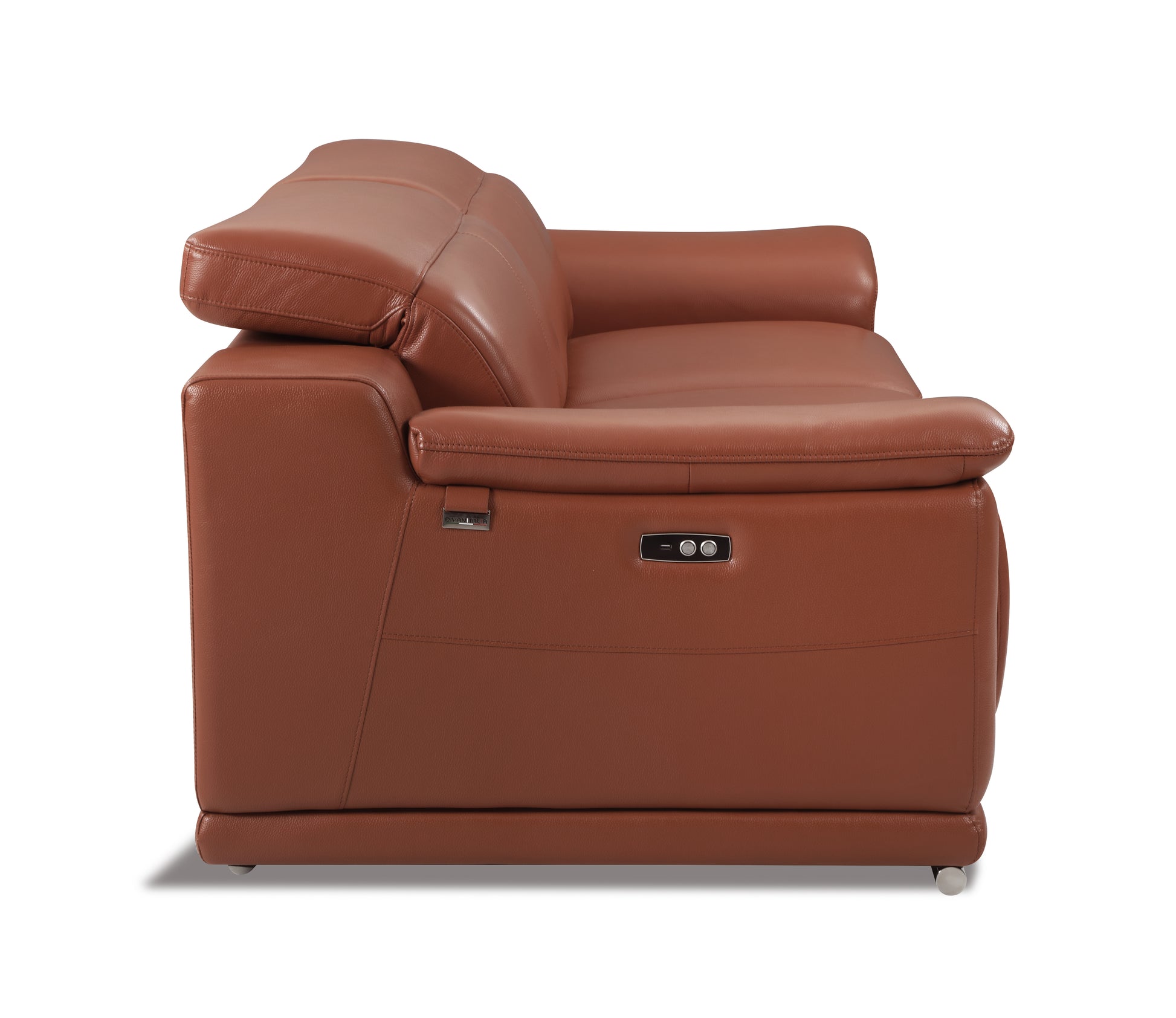 Brown leather power recliner sofa with adjustable headrest and chrome feet