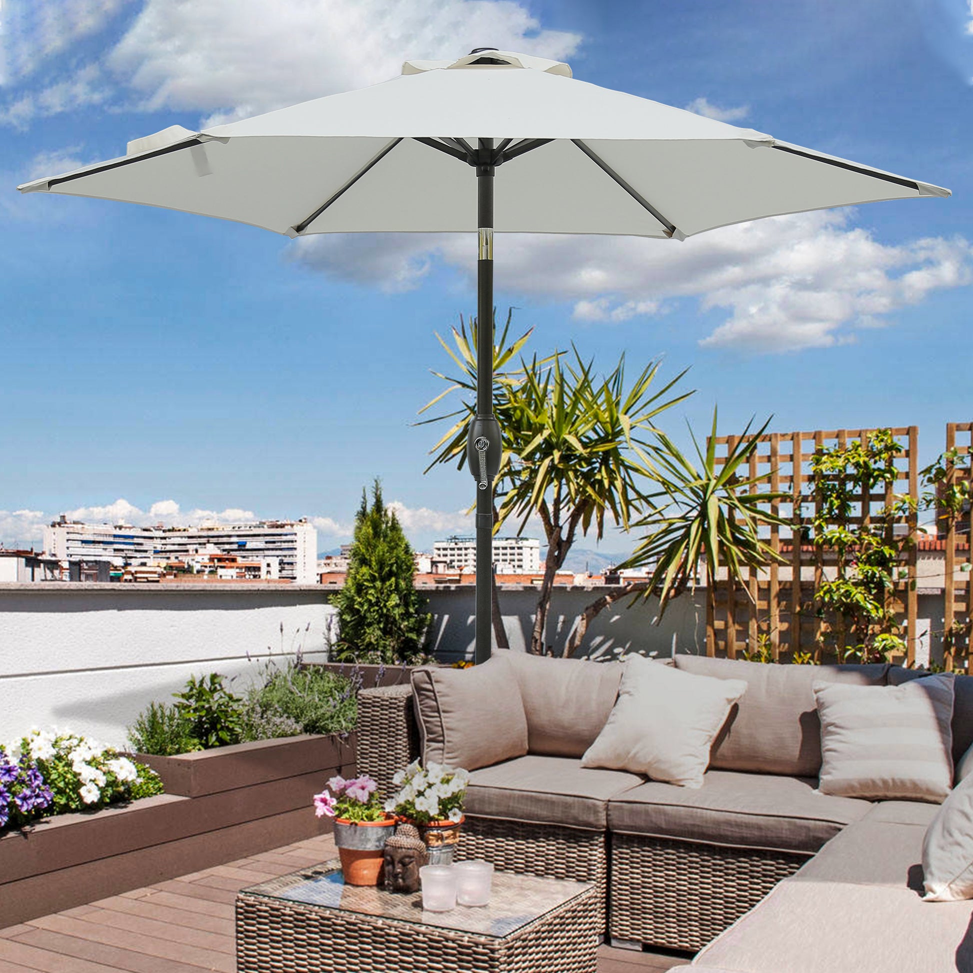 Offwhite square patio umbrella providing shade over outdoor furniture