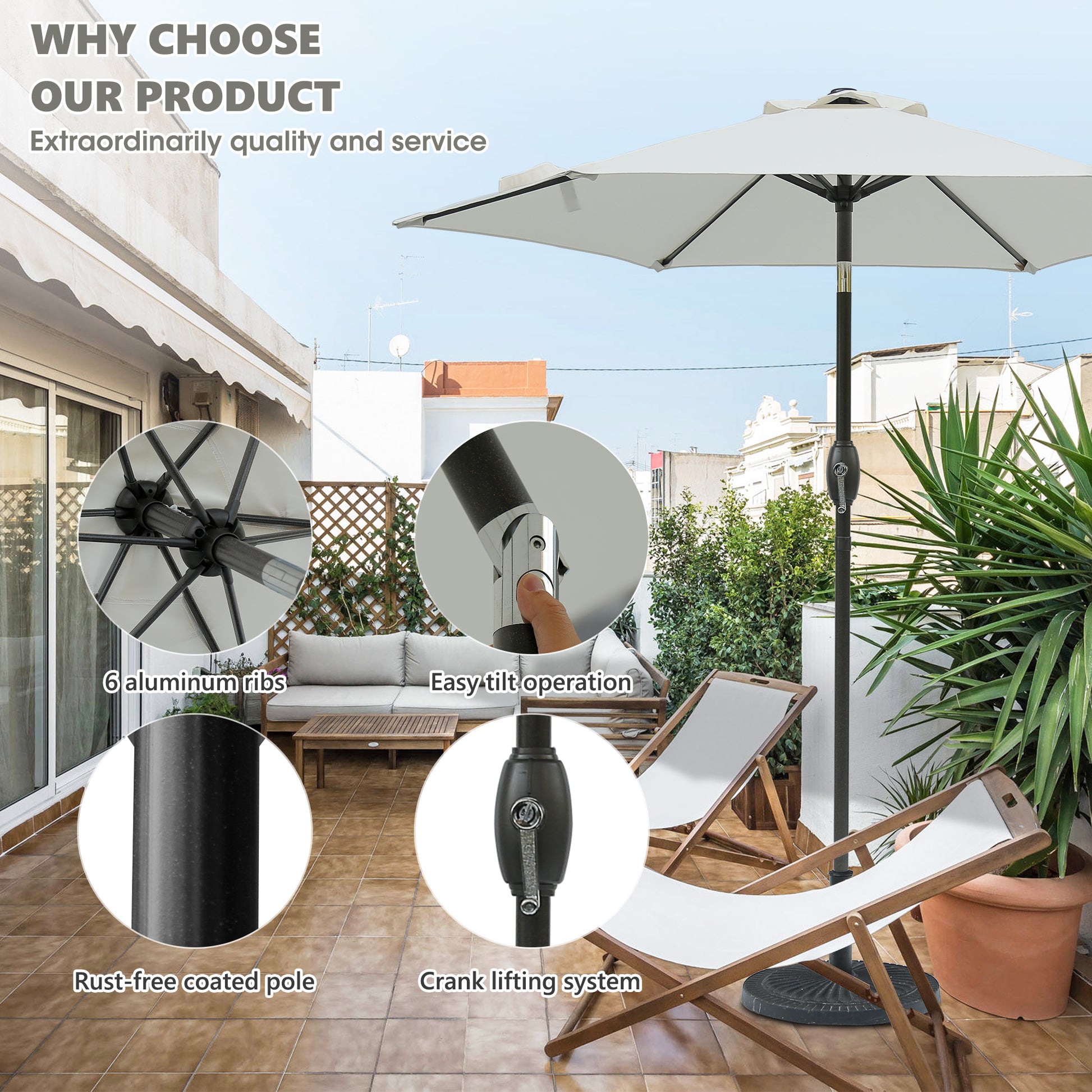 White patio umbrella with  aluminum ribs and rustfree coated pole for outdoor shade