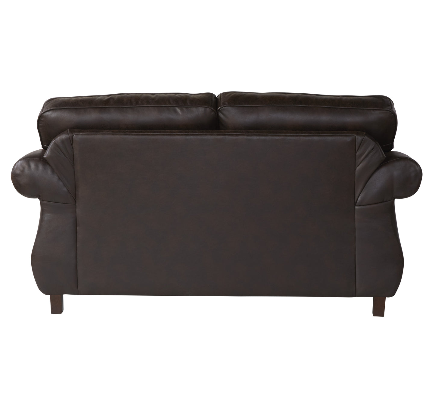 Back view of a plush brown leather loveseat with padded cushions and rolled arms