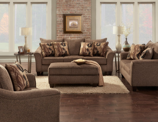 Brown fabric sofa set with decorative pillows and ottoman for living room comfort