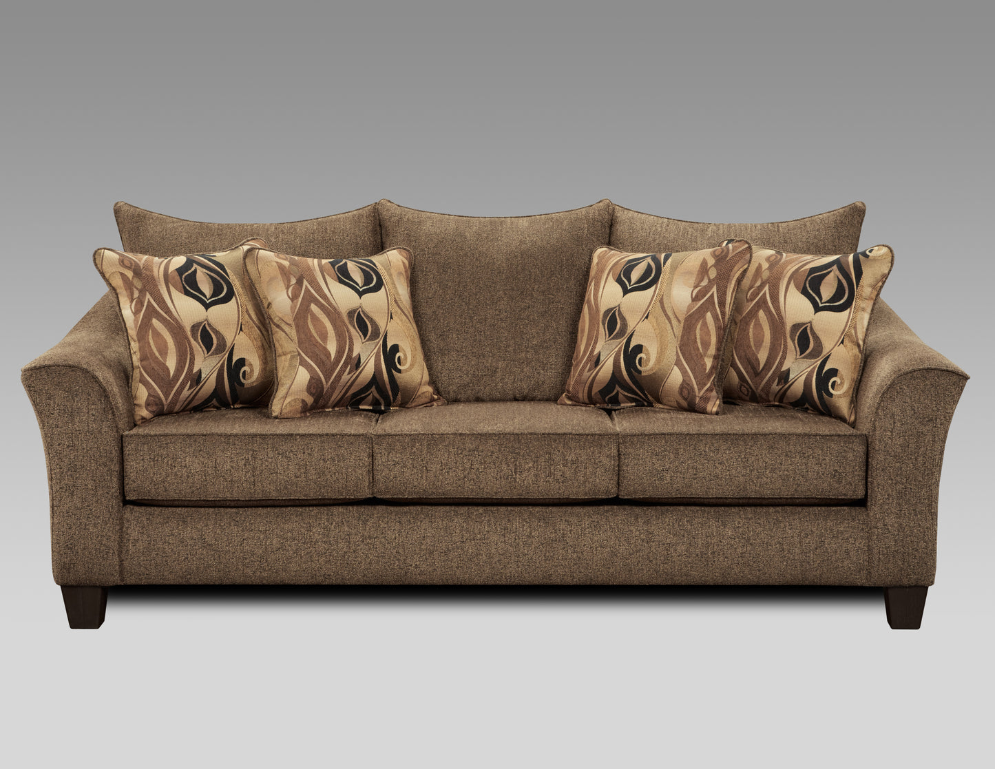 Brown textured fabric sofa with four patterned throw pillows perfect for living rooms