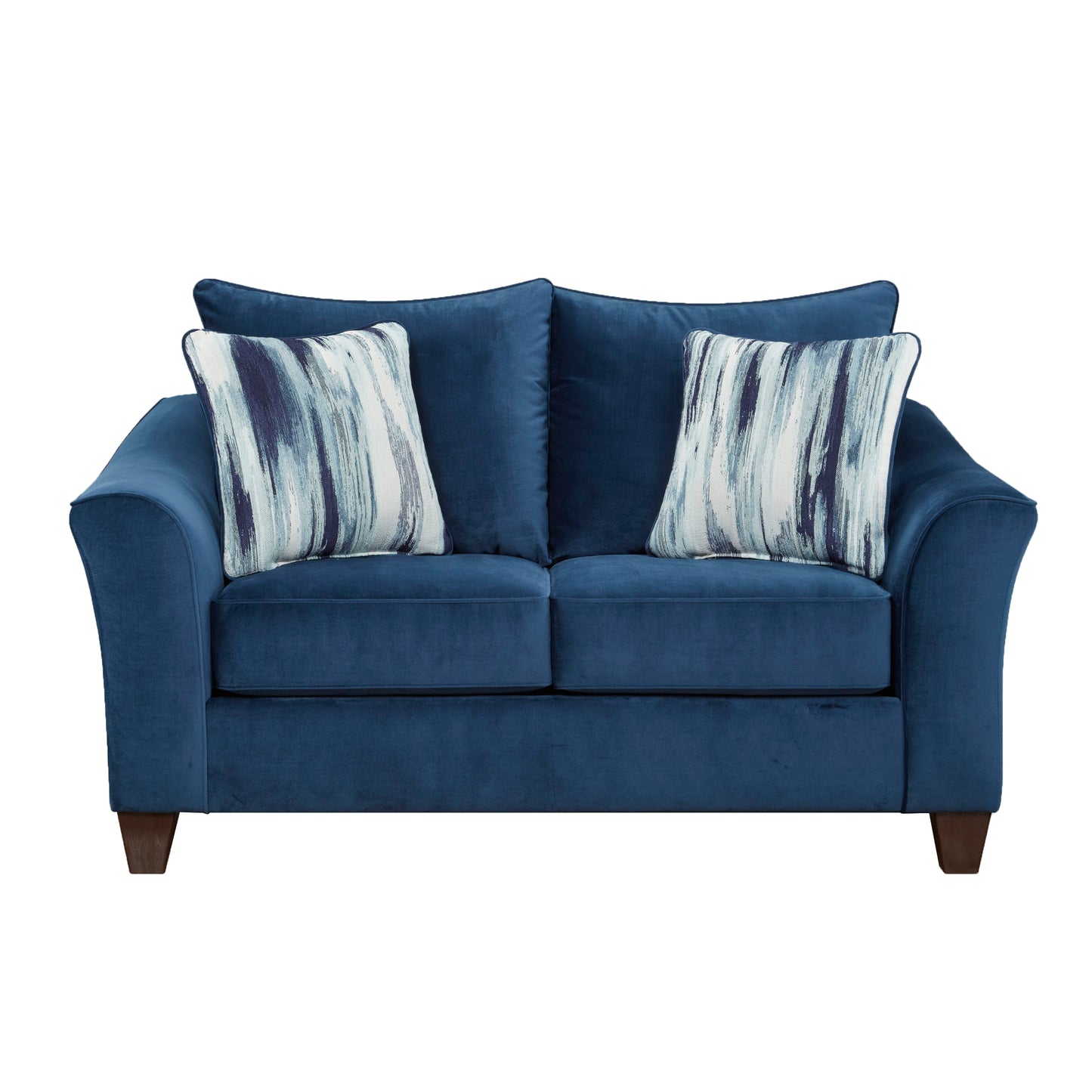 Navy blue velvet loveseat with abstract patterned throw pillows