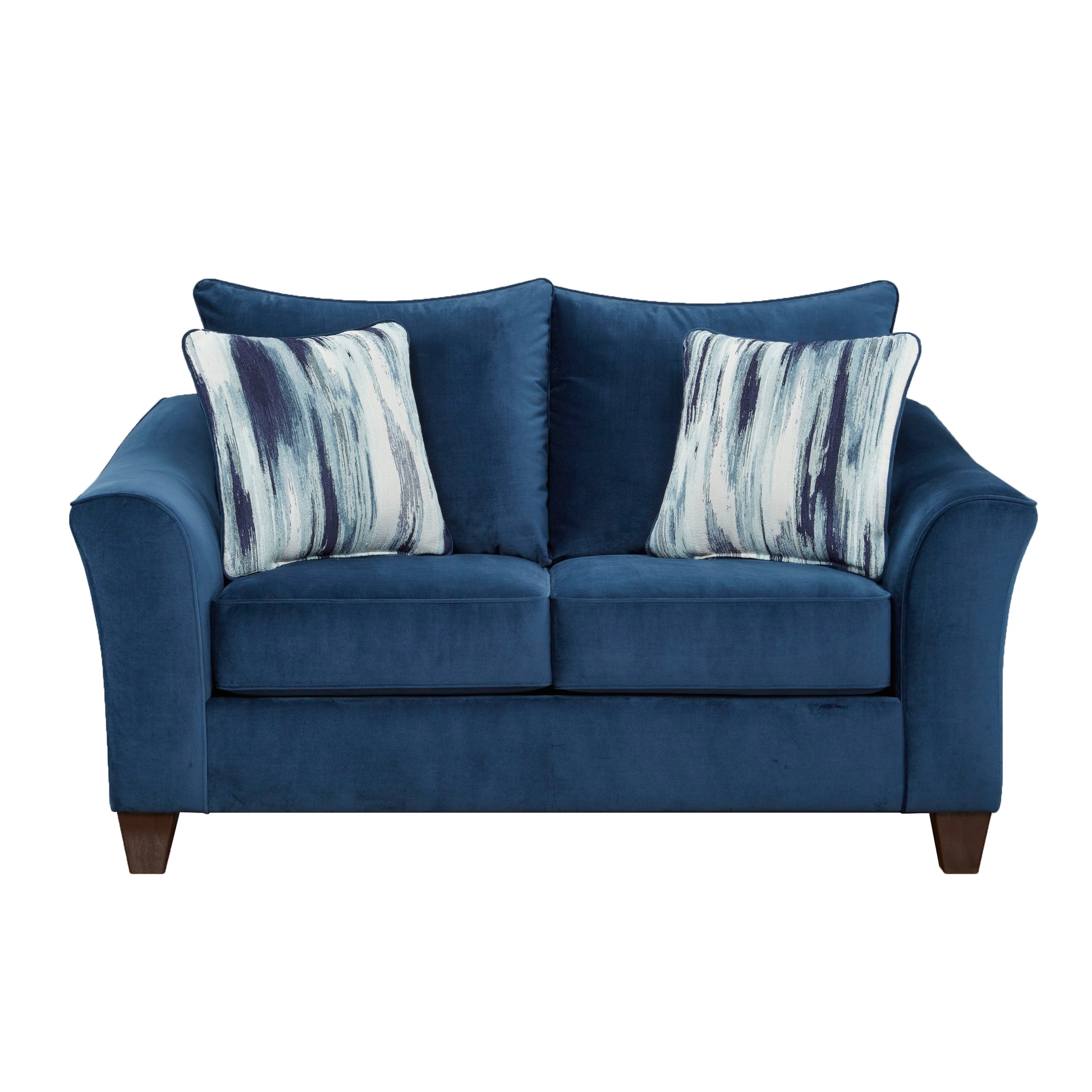 Navy blue velvet loveseat with abstract patterned throw pillows