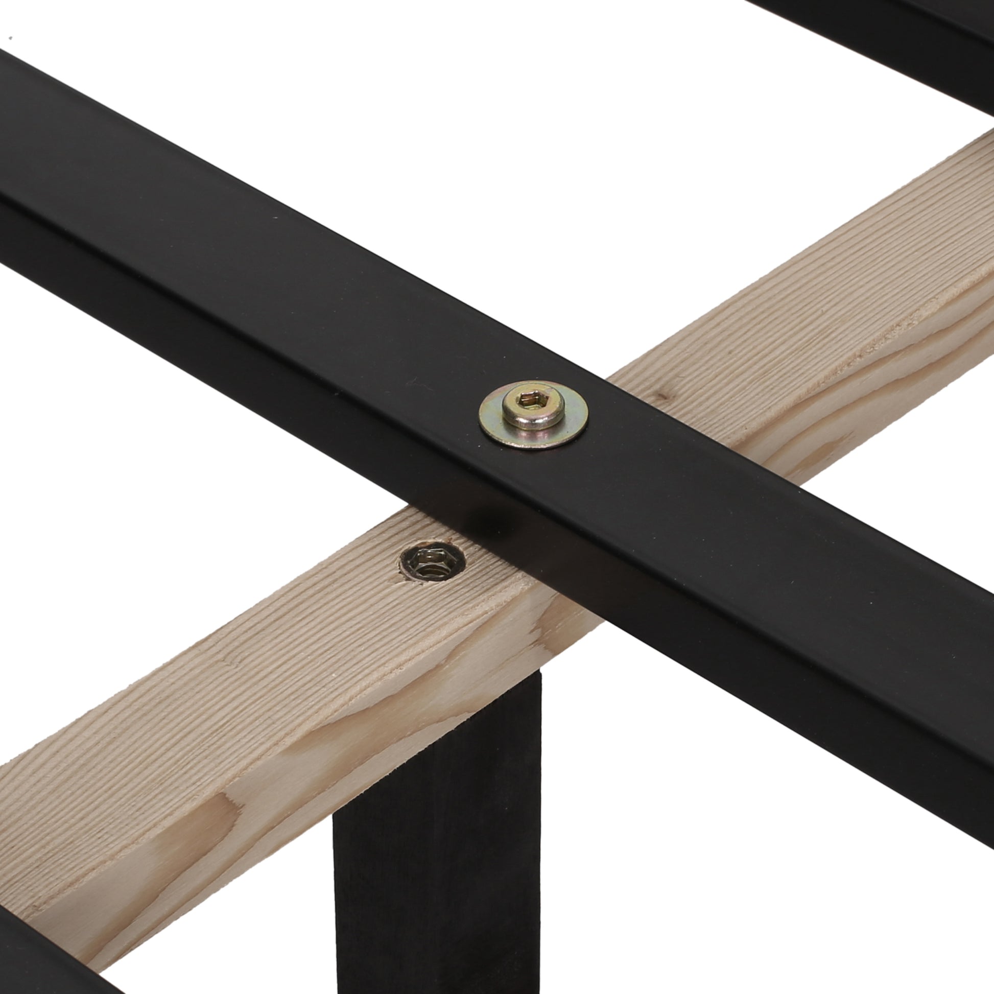 Black metal bed frame crossbars with wooden slats and silver bolts