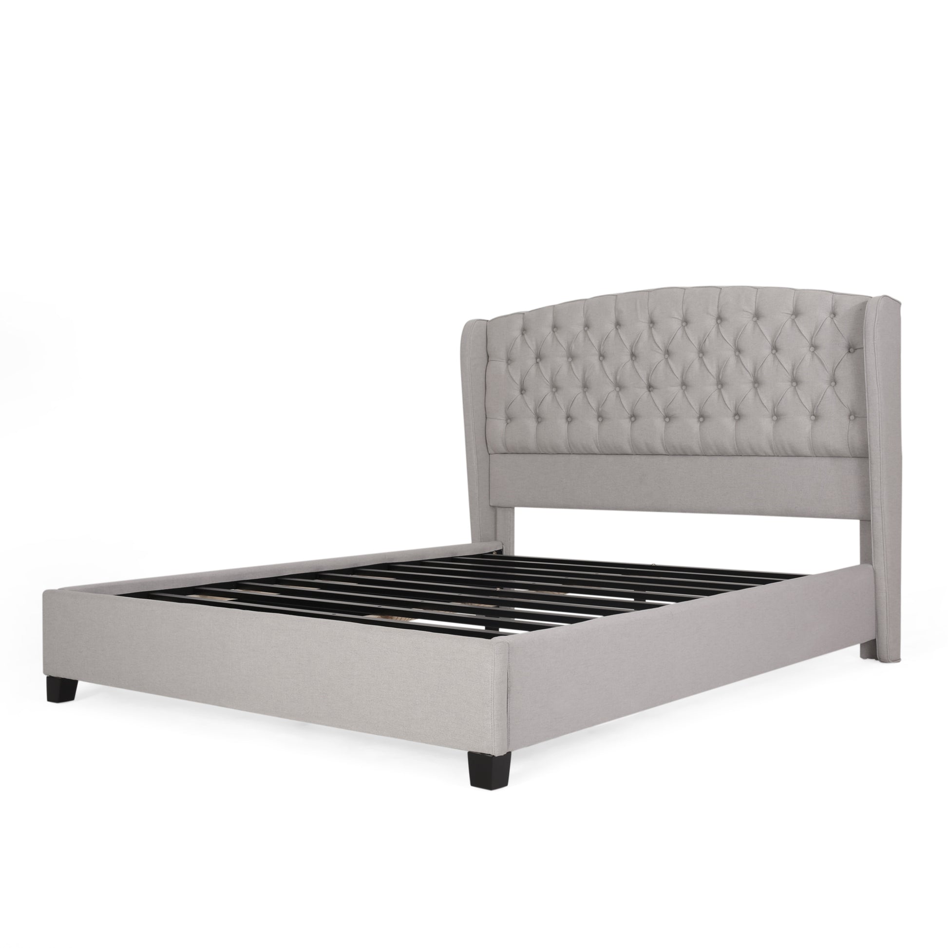 Light gray upholstered bed frame with tufted wingback headboard and black legs