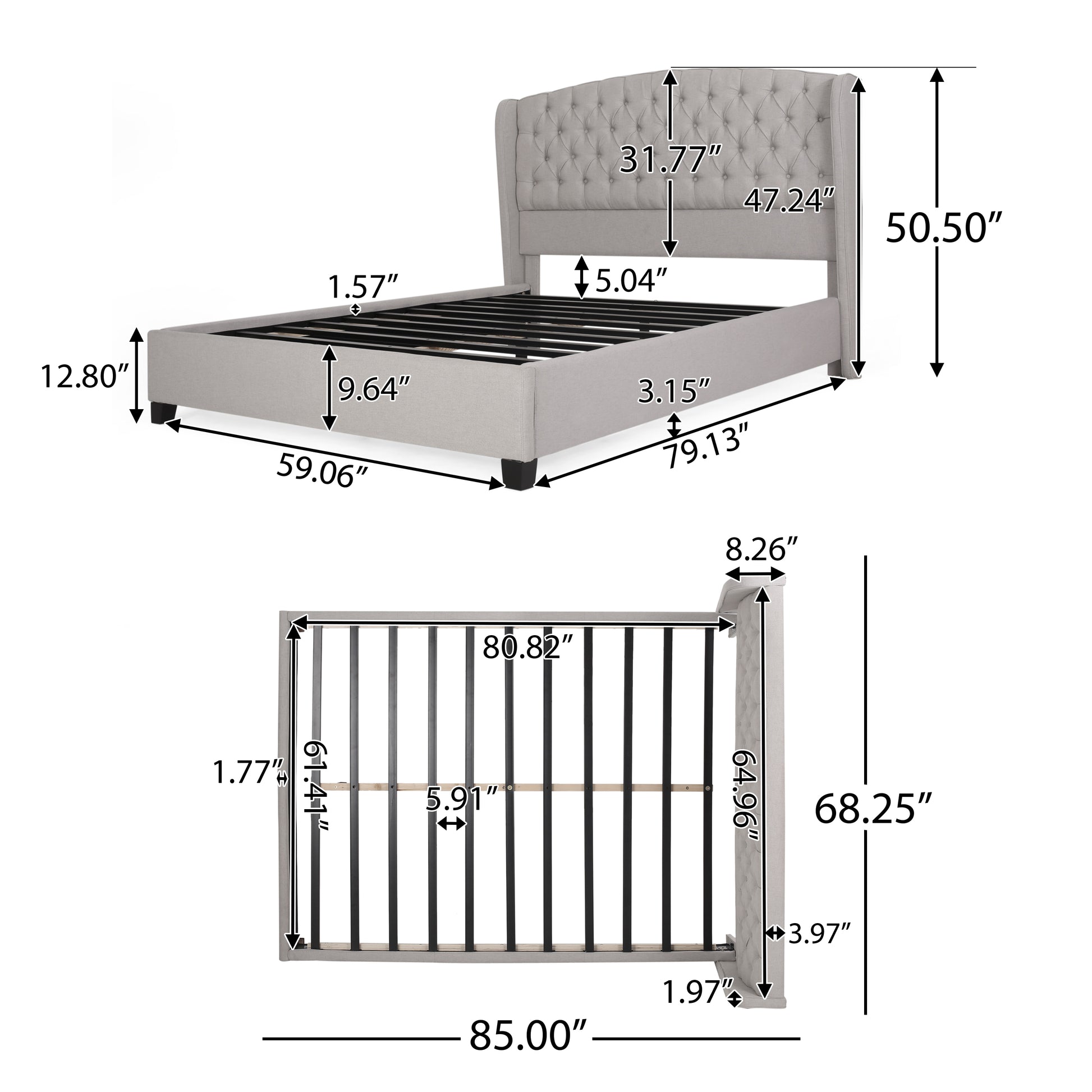 Gray fabric tufted wingback bed frame with dimensions for queen size