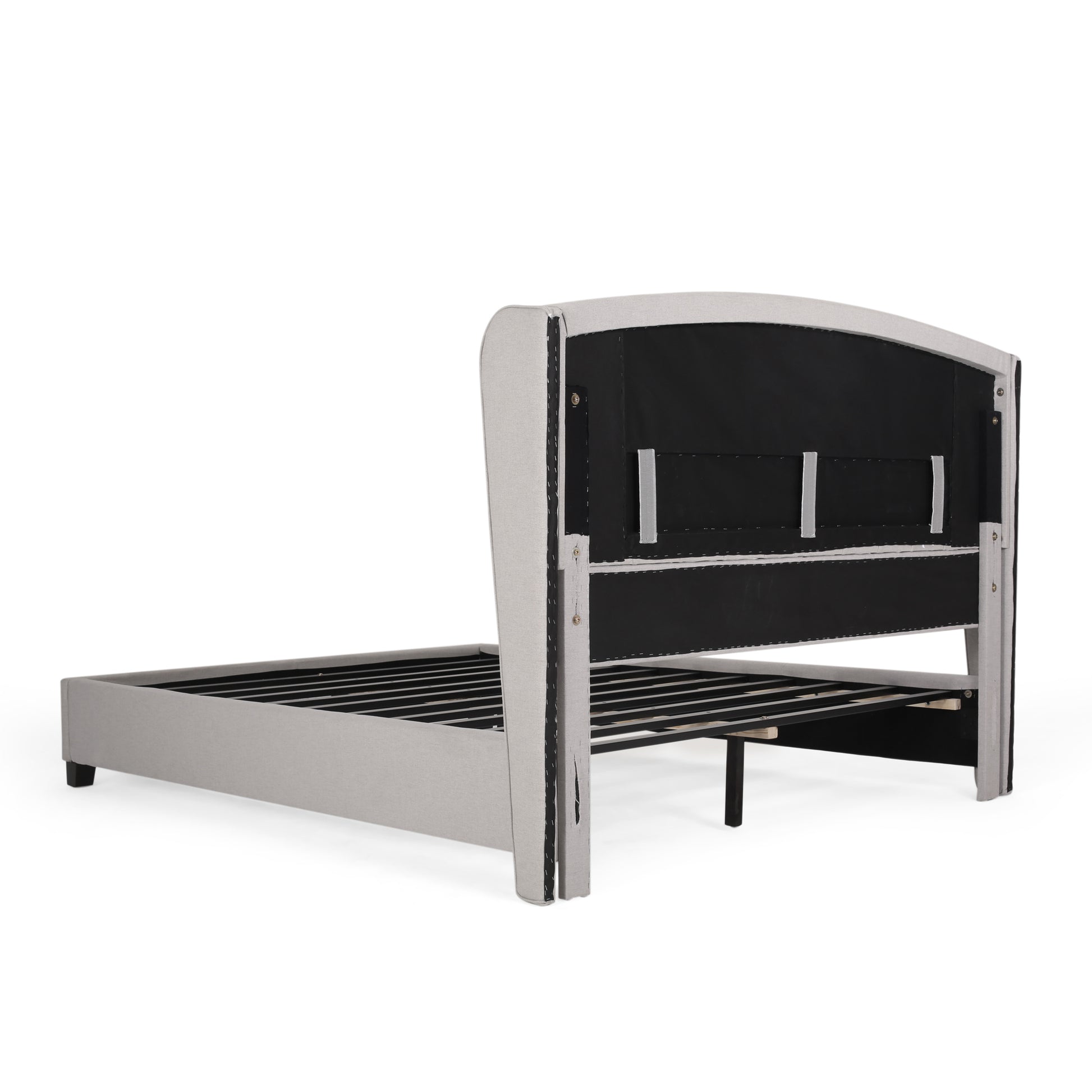 Upholstered grey king bed frame with integrated slat system