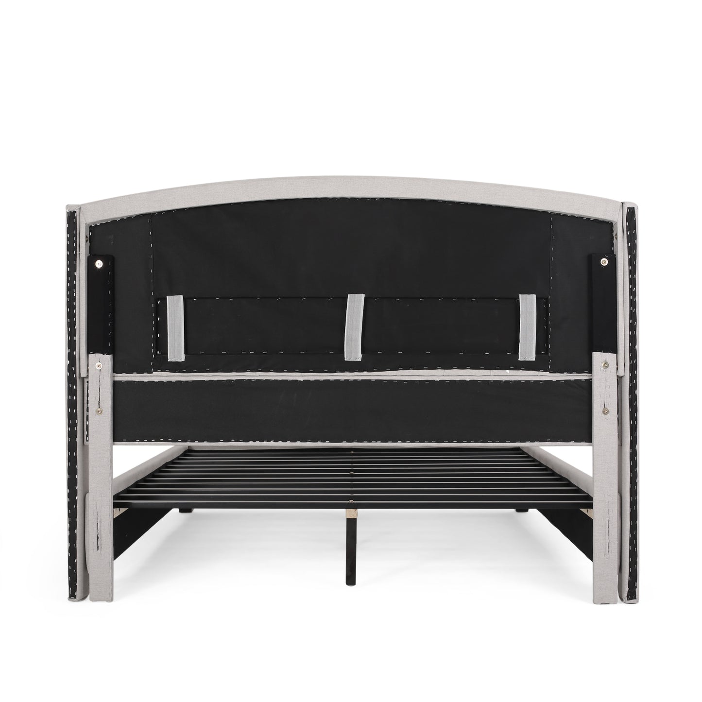 Light grey upholstered bed frame shown from the back with metal slats