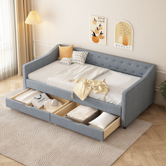 Blue upholstered daybed with storage drawers and button tufted back