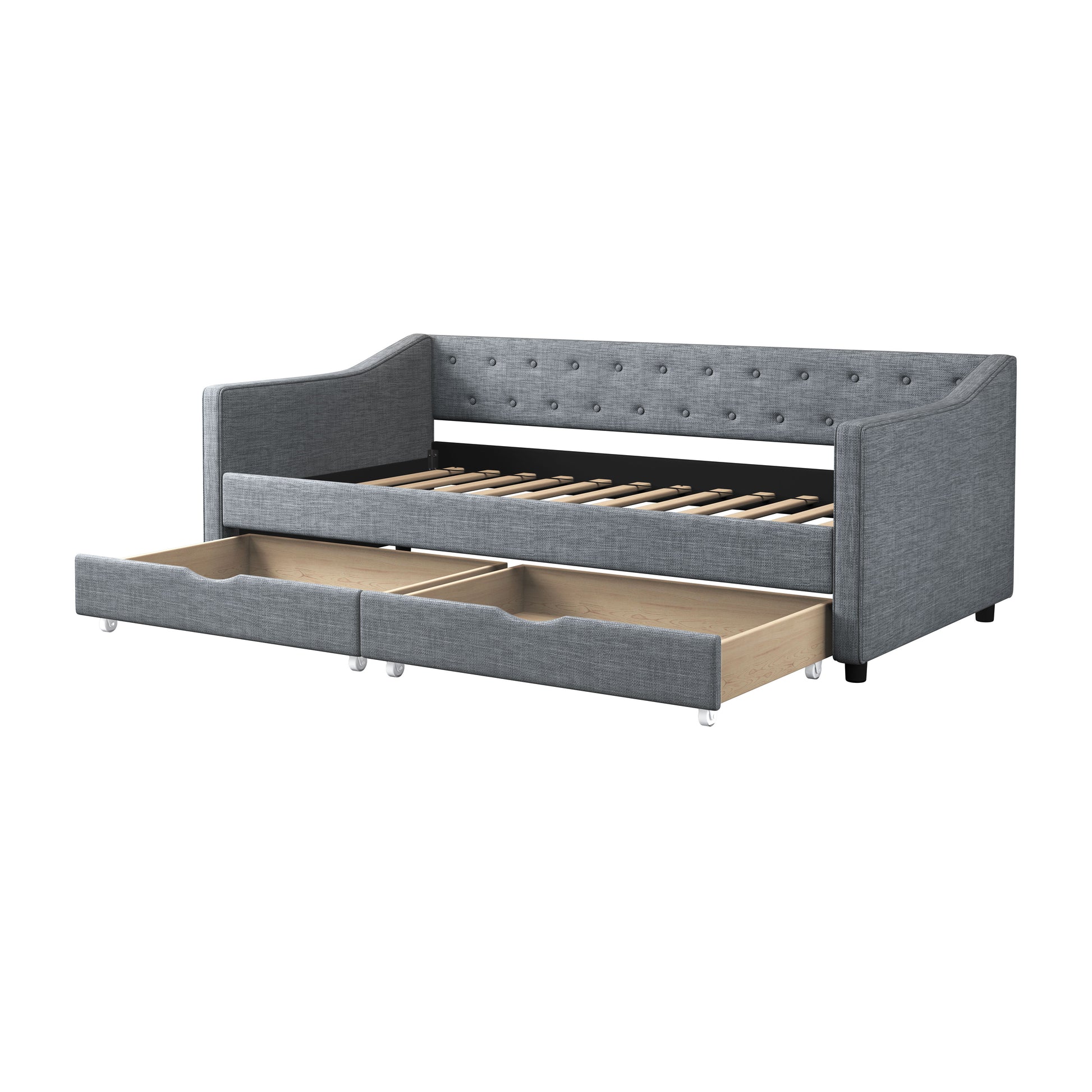 Gray upholstered daybed with tufted back and two pullout drawers for storage