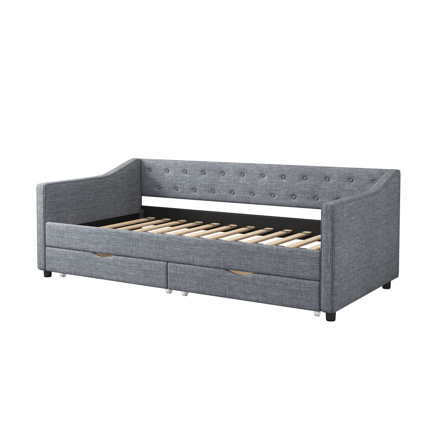 Gray fabric daybed with button tufted back wooden slats and two storage drawers