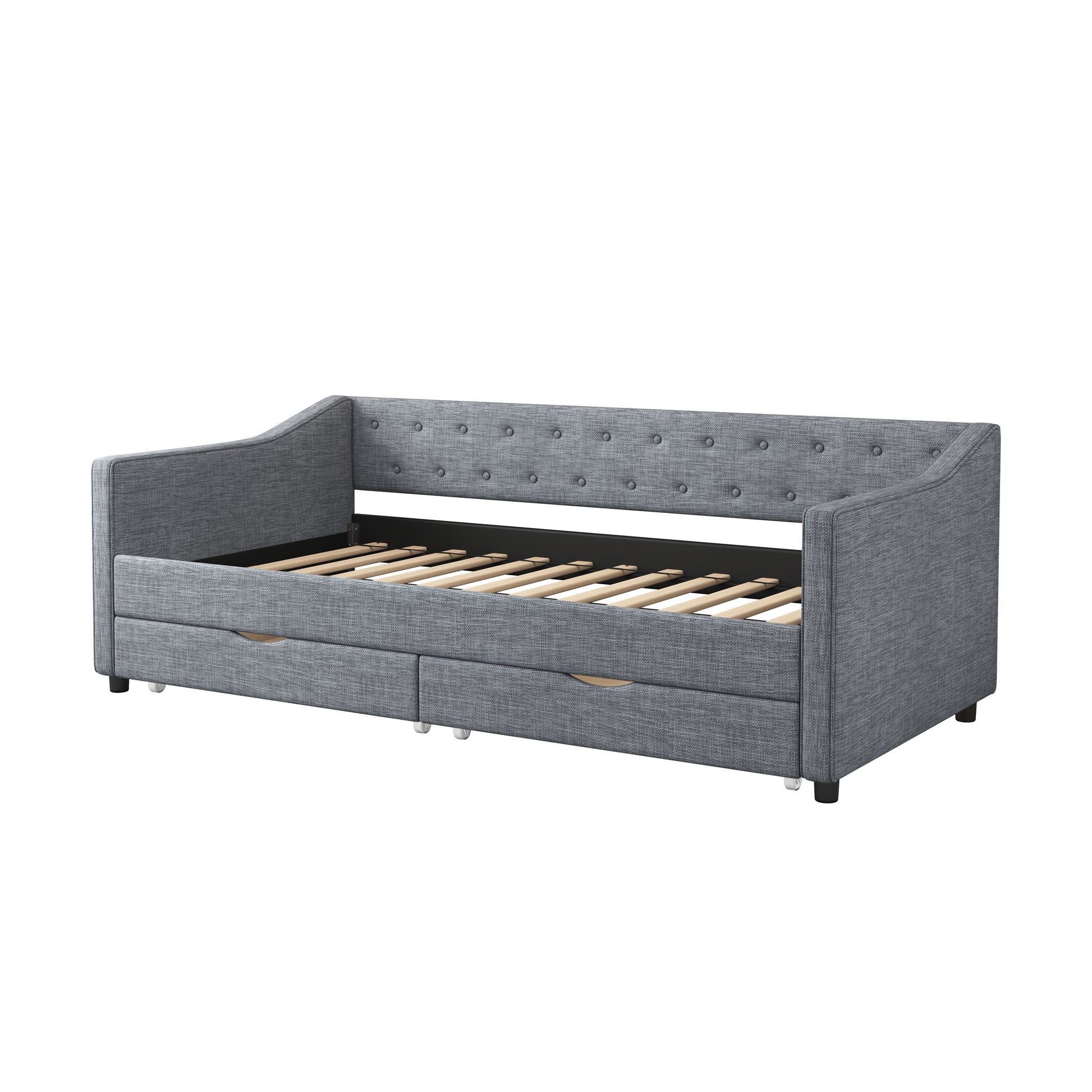 Gray fabric daybed with button tufted back wooden slats and two storage drawers
