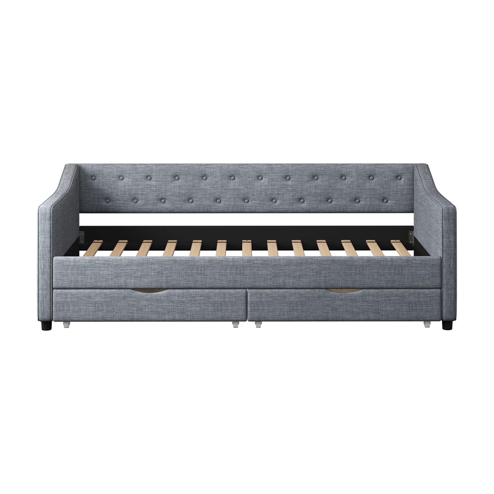 Gray upholstered daybed with tufted backrest and two storage drawers