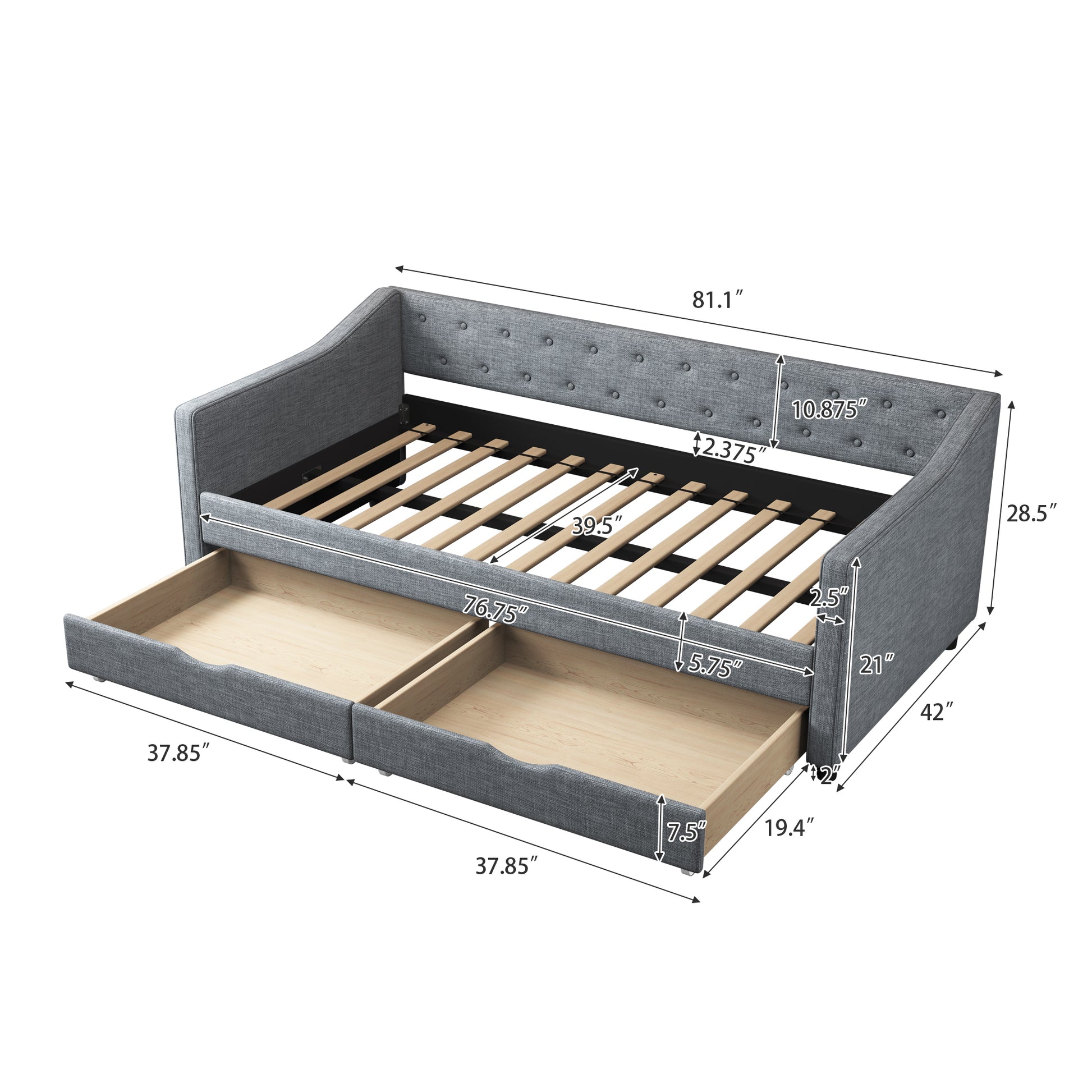 Grey upholstered daybed with button tufting and two pullout drawers for storage
