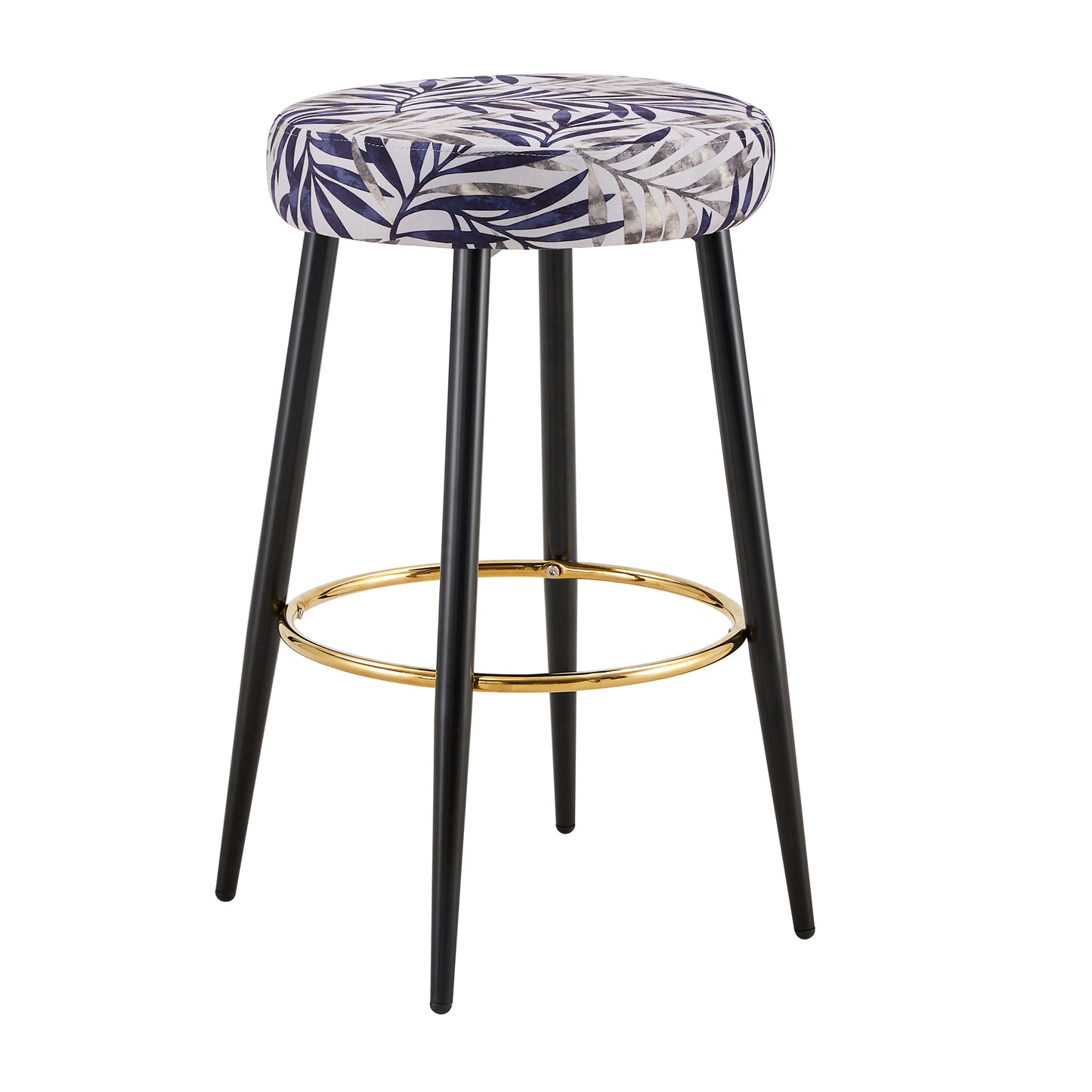 Round upholstered bar stool with blue and white leaf pattern fabric seat and black metal legs