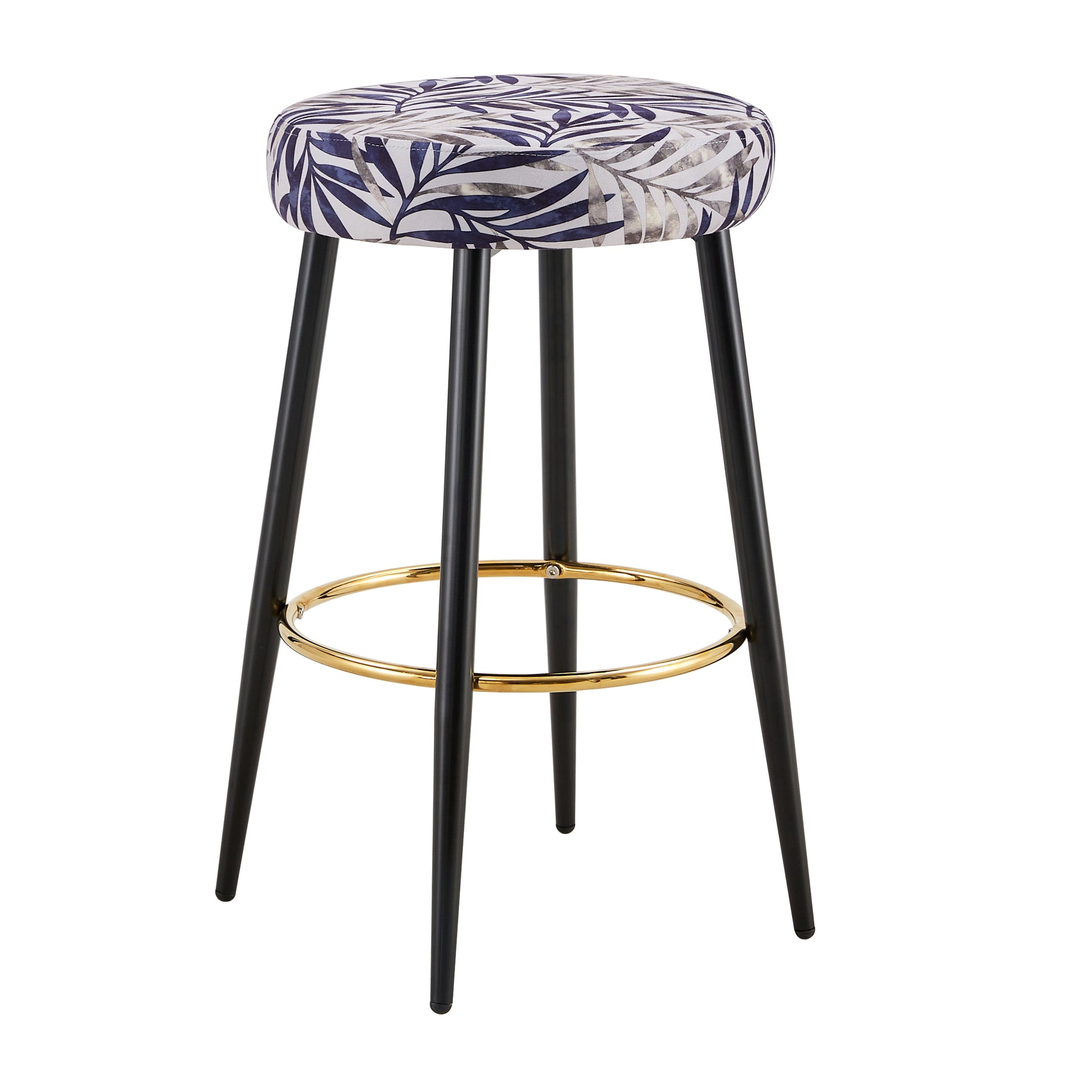Round upholstered bar stool with blue and white leaf pattern fabric seat and black metal legs